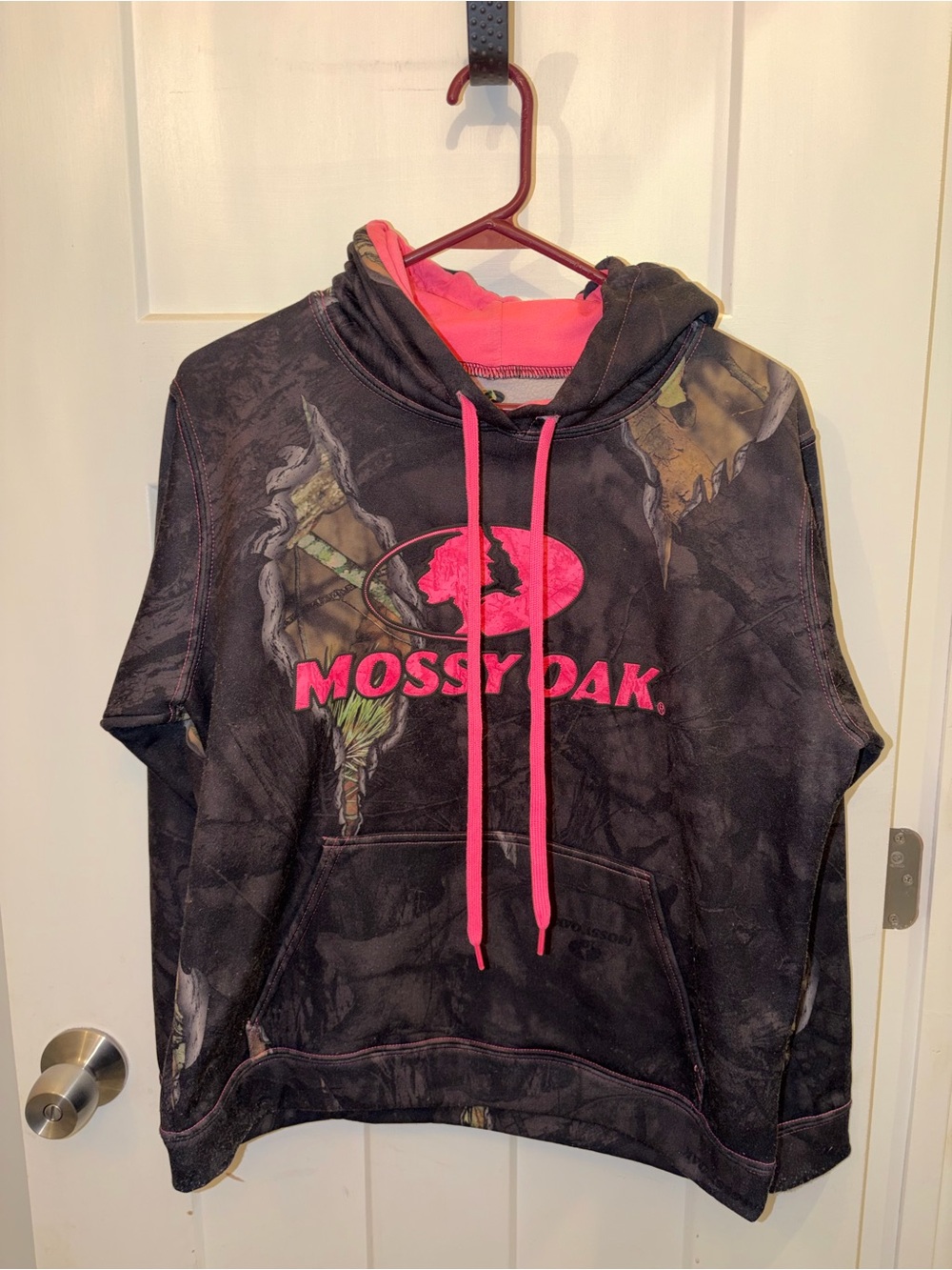 Mossy Oak Black Camo Hoodie with Pink Accents